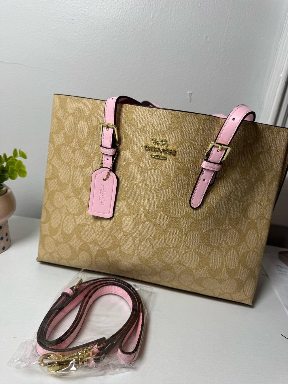 Coach Beige Signature Canvas Tote with Pink Trim and Straps